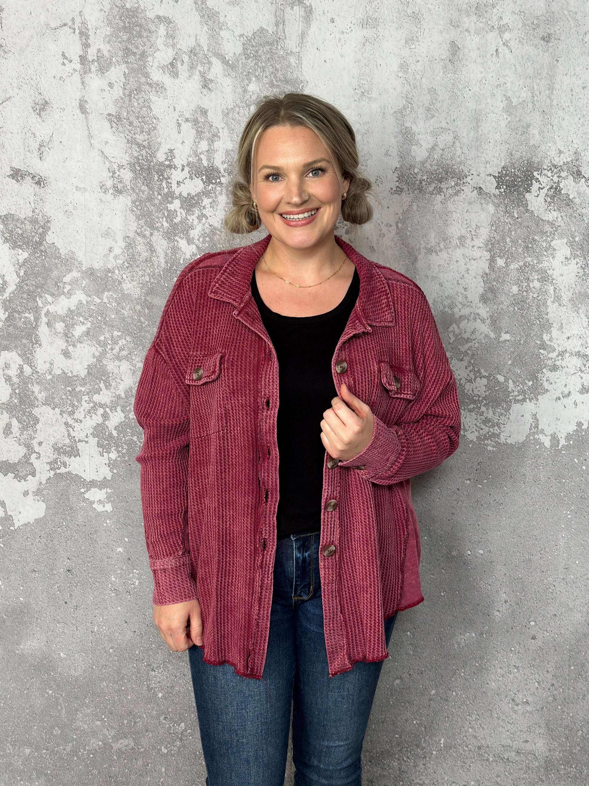 Doorcrasher - Waffle Button Shacket - Burgundy - Final Sale