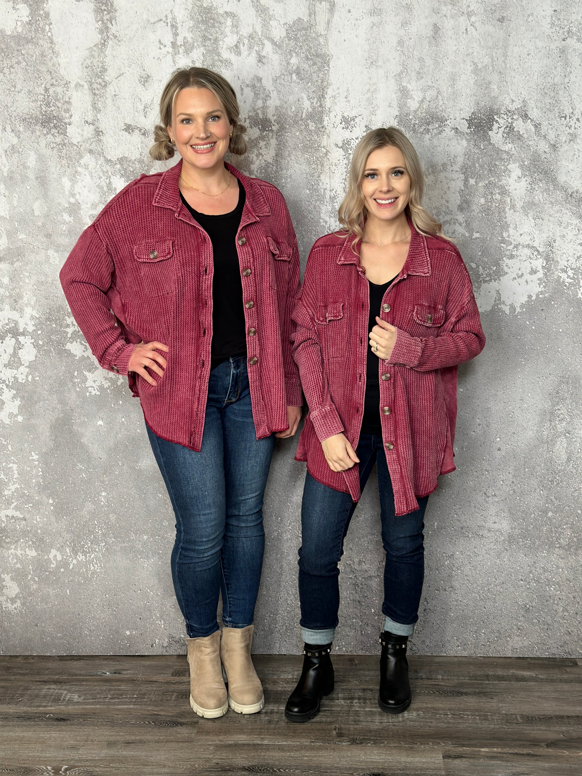 Doorcrasher - Waffle Button Shacket - Burgundy - Final Sale
