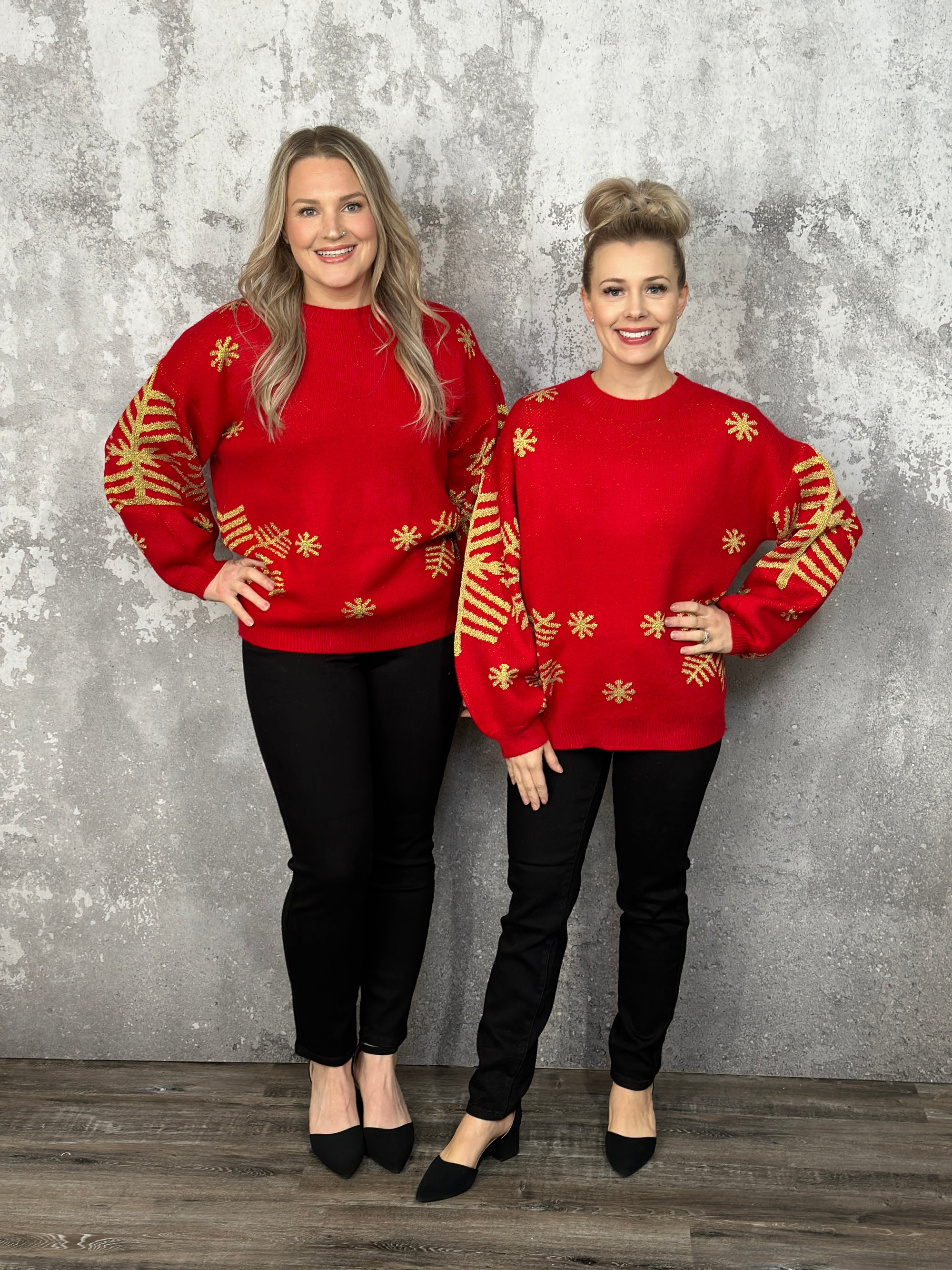 Red Snowfall Metallic Snowflake Sweater (Small - 2X)
