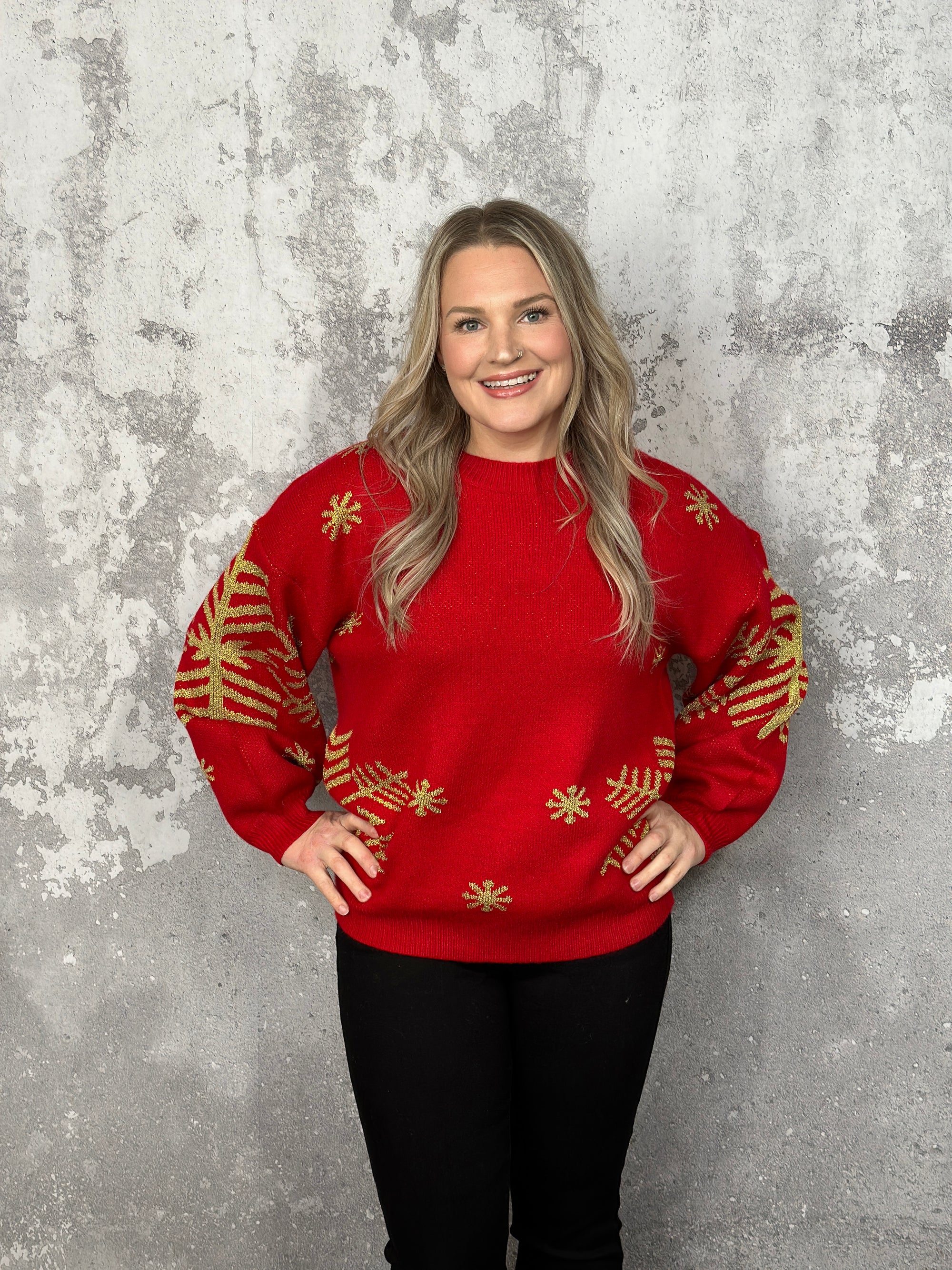 Red Snowfall Metallic Snowflake Sweater (Small - 2X)
