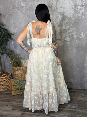 Cream Velvet Floral Dress with Lace Detail