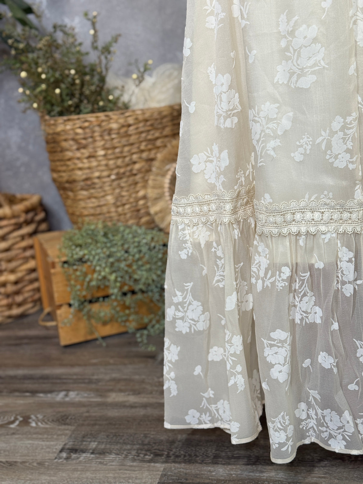 Cream Velvet Floral Dress with Lace Detail