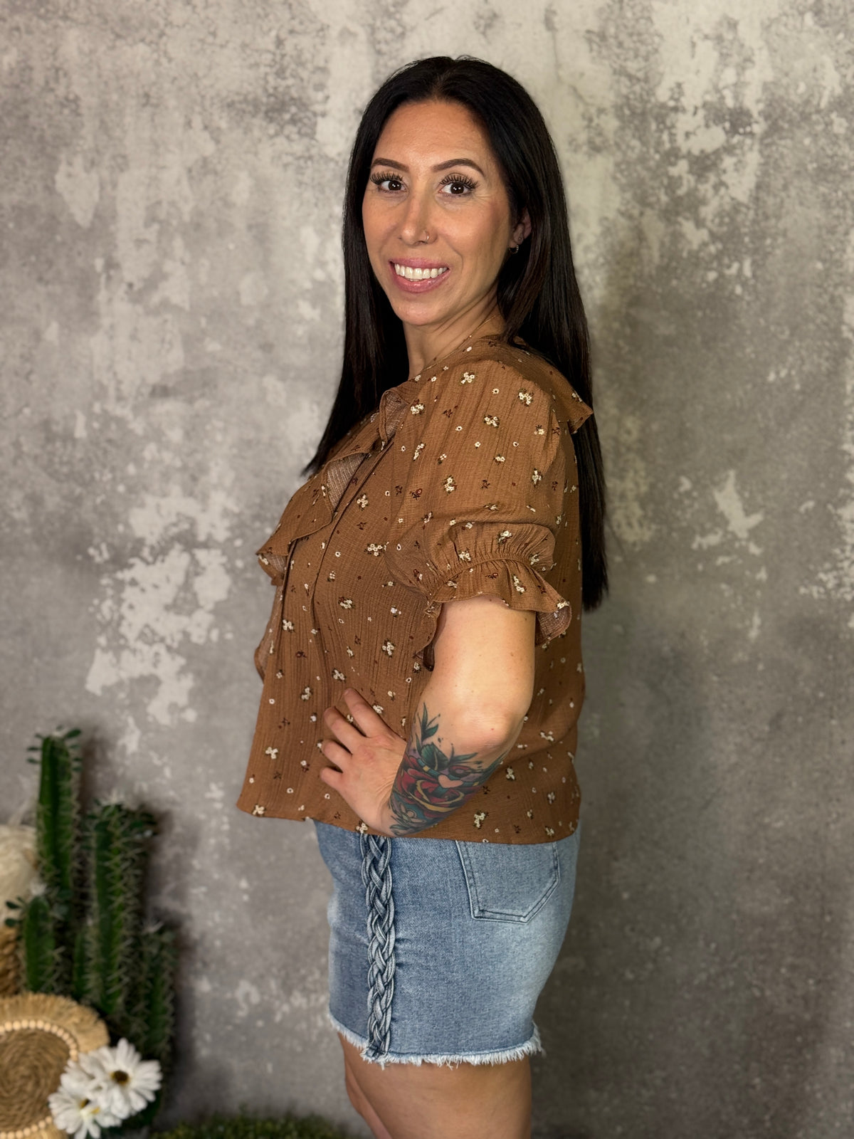 Camel Floral Ruffle Top (Small - 3X)