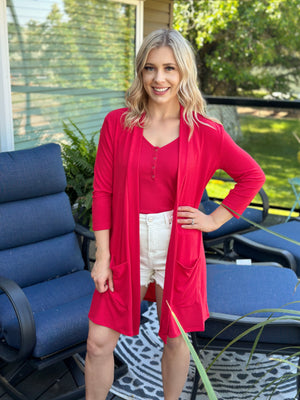 3/4 Sleeve Cardigan- Red (Small - 3X)(3X LEFT)