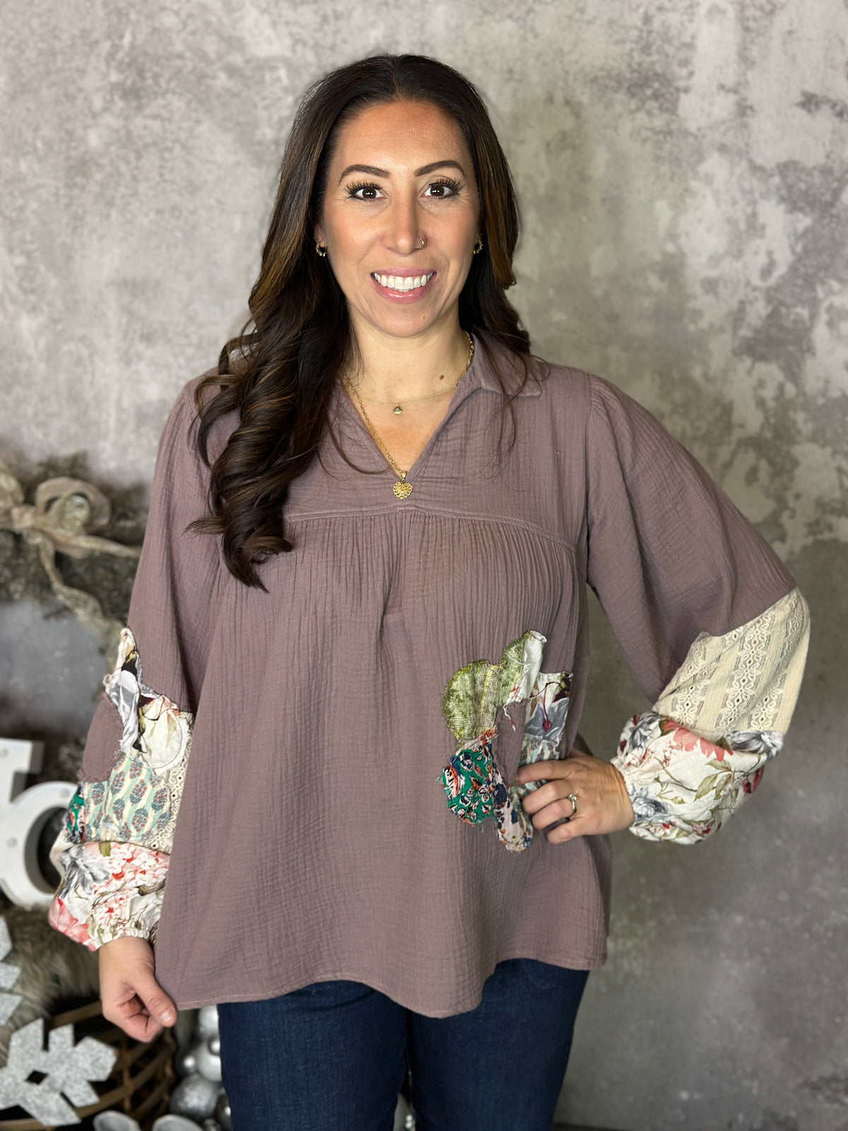 Boho Mocha Gauze Floral Patch Top