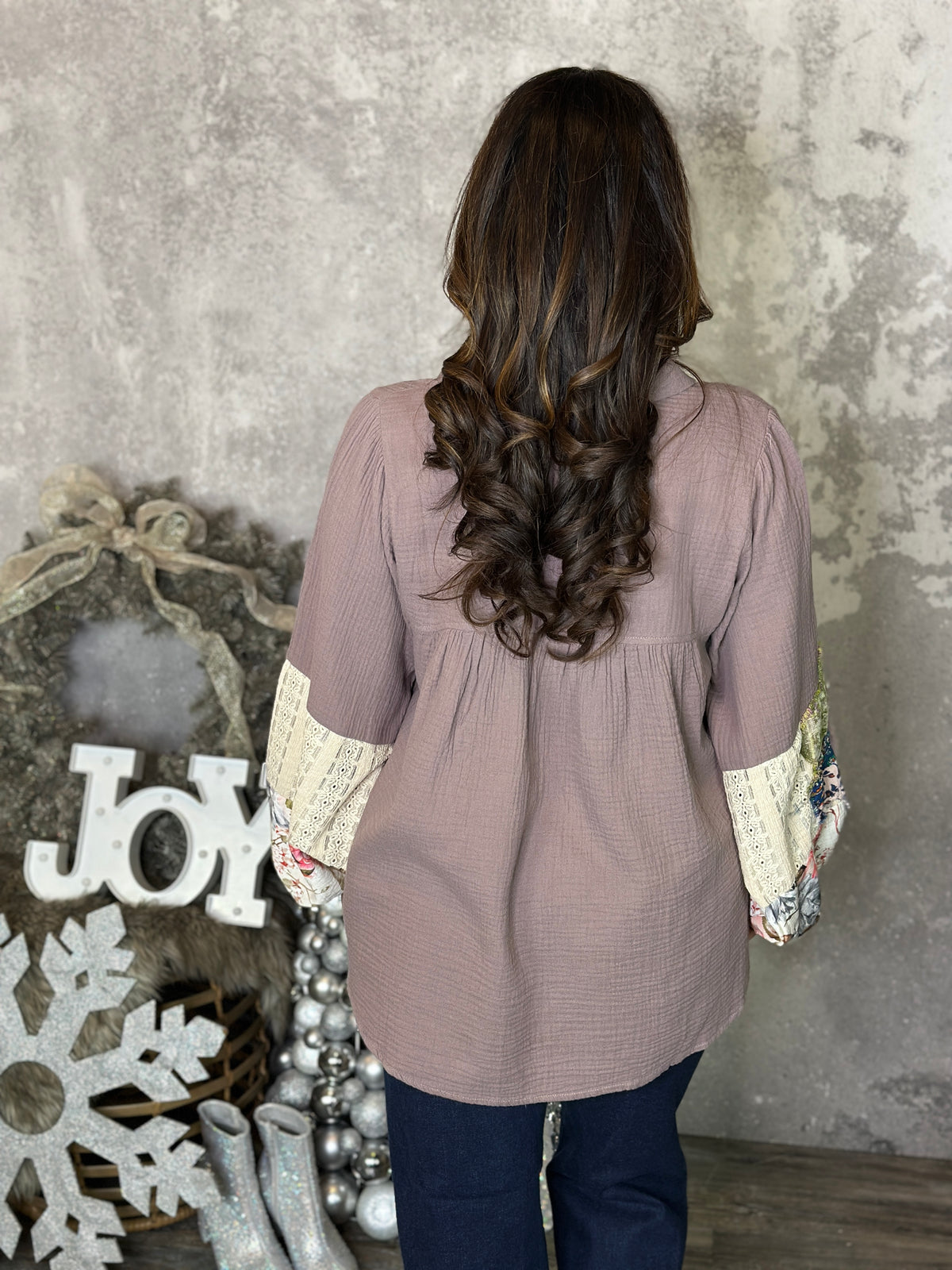 Boho Mocha Gauze Floral Patch Top
