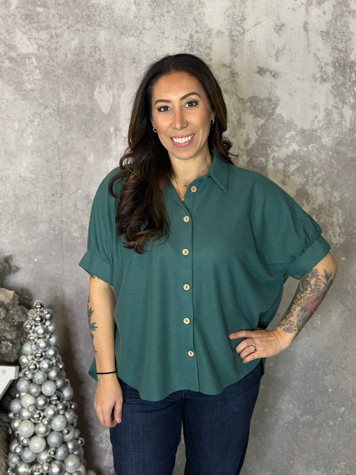 Teal Short Sleeve Collared Button Up Top