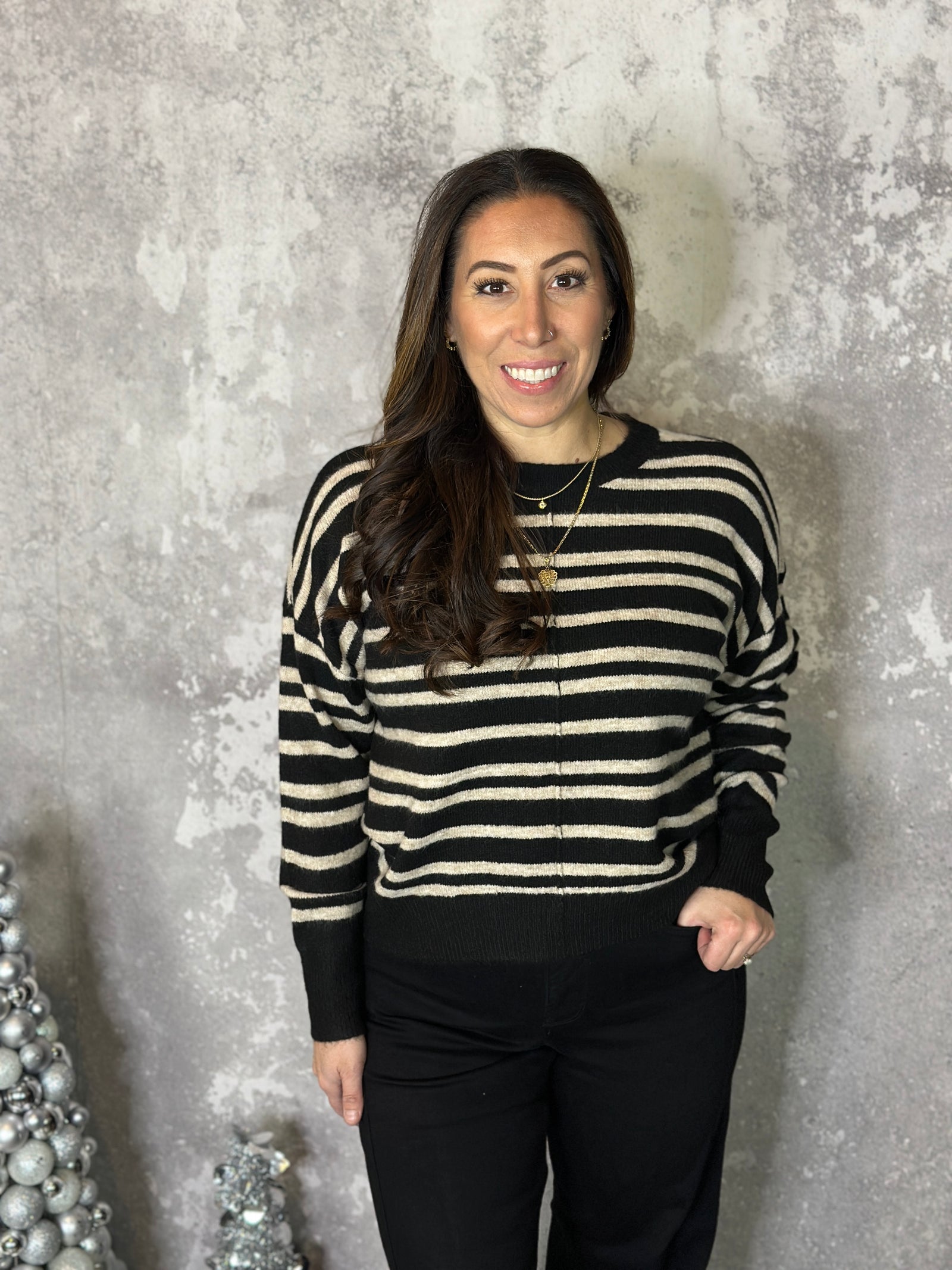 Black/Taupe Stripe Sweater (Small - 3X)