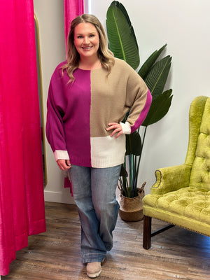 Colorblock Sweater Fuchsia/Tan/Ivory (Small - 3X) FINAL SALE