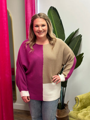 Colorblock Sweater Fuchsia/Tan/Ivory (Small - 3X) FINAL SALE