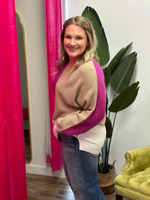 Colorblock Sweater Fuchsia/Tan/Ivory (Small - 3X) FINAL SALE