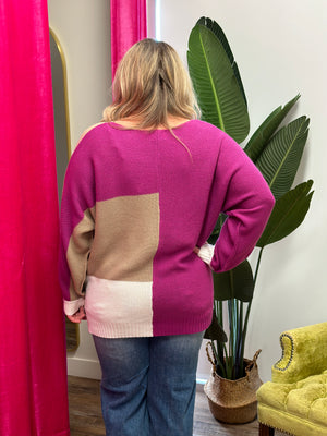 Colorblock Sweater Fuchsia/Tan/Ivory (Small - 3X) FINAL SALE