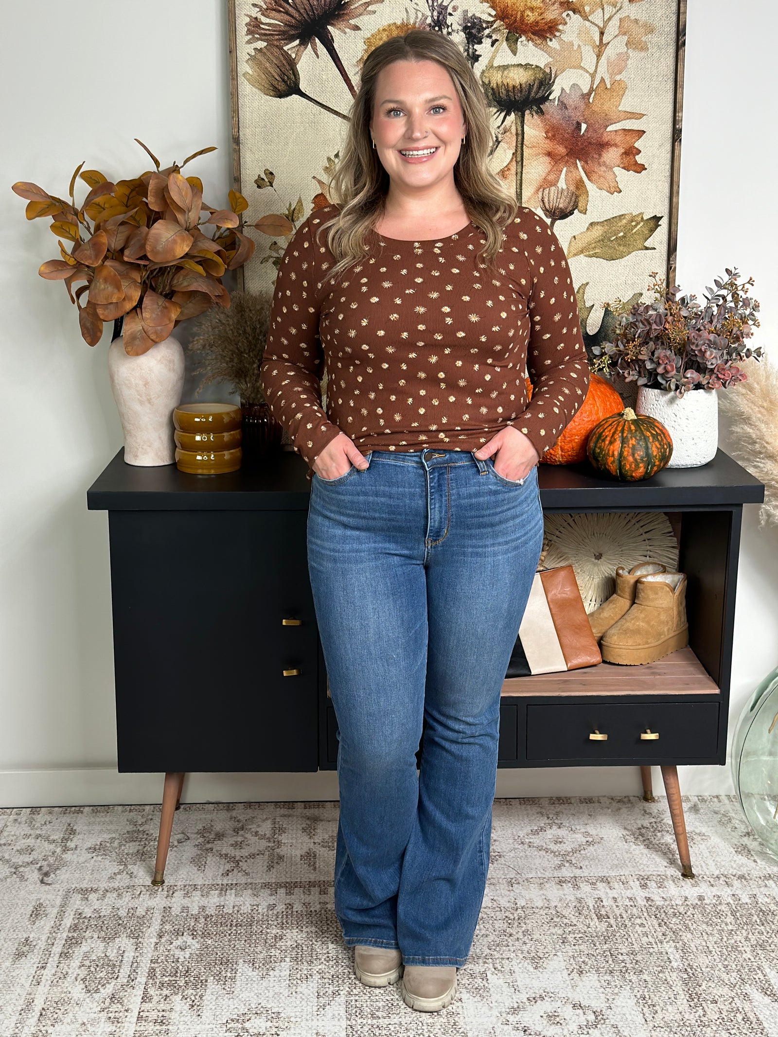Rust Floral Long Round neck Long Sleeve (Small - 3X) - FINAL SALE