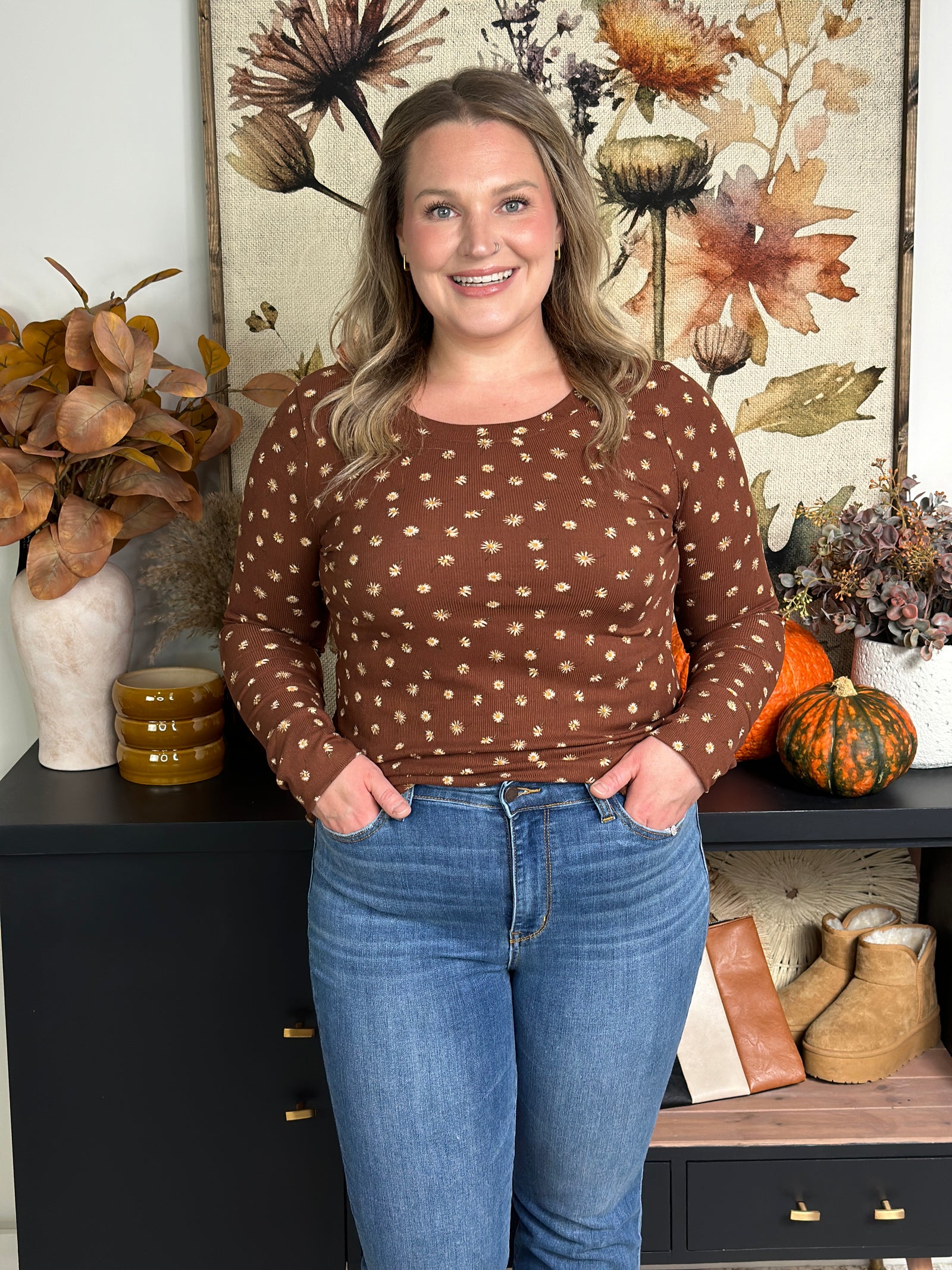 Rust Floral Long Round neck Long Sleeve (Small - 3X) - FINAL SALE