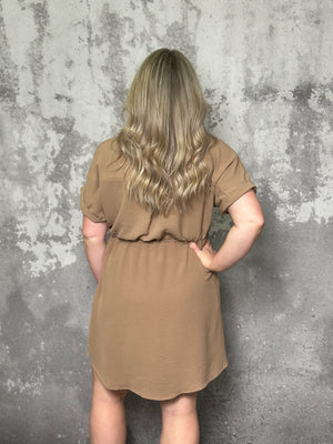 Brown Waist Tie Button Dress (Small - 3X)