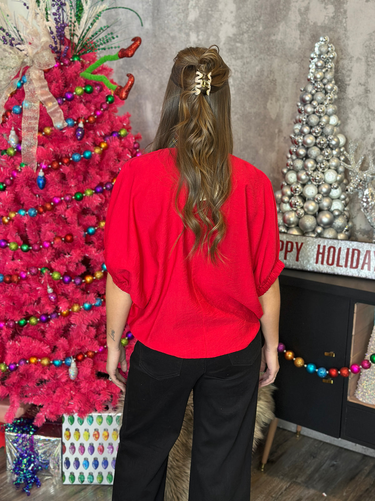 Short Sleeve Plaid Lux Top - Red (Small - 2X)