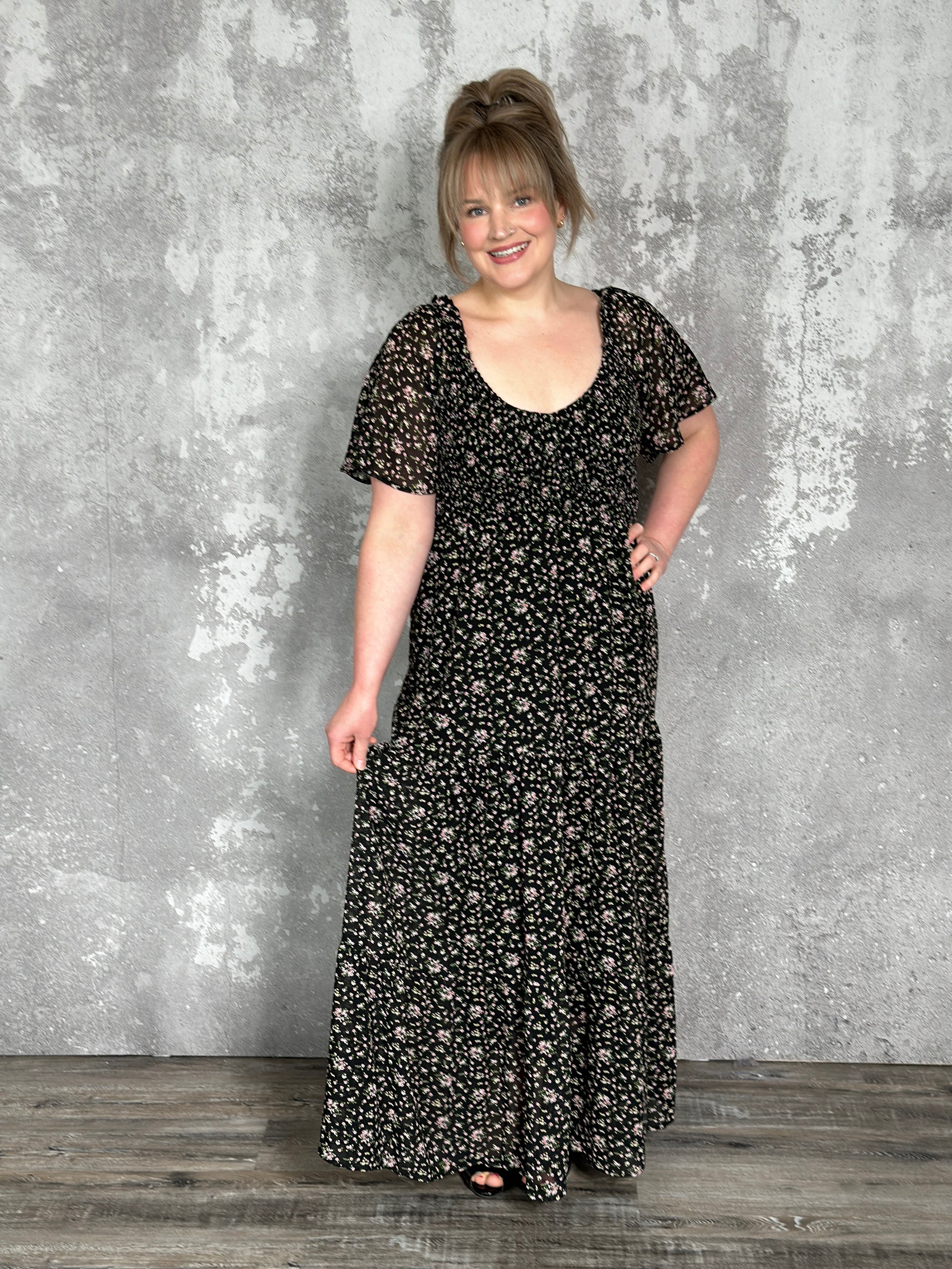 Smocked Black Floral Maxi Dress (Small - 3X)