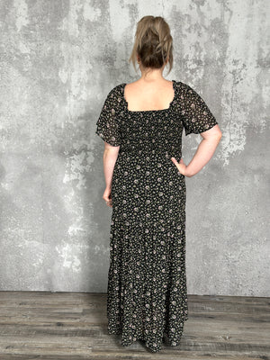 Smocked Black Floral Maxi Dress (Small - 3X)