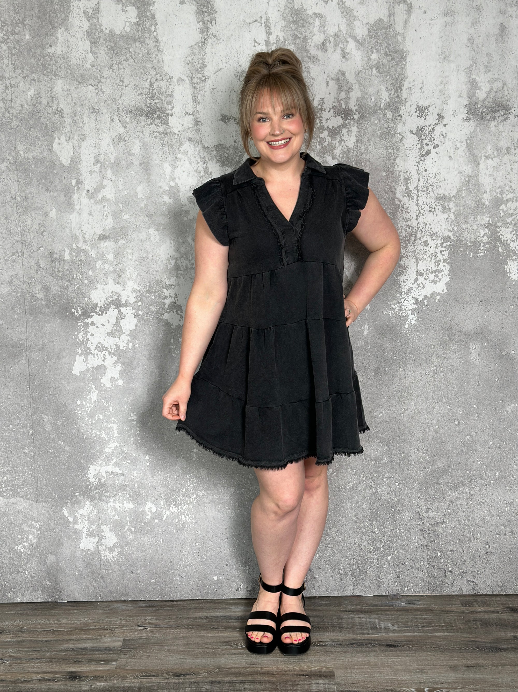 Mineral Wash French Terry Black Vneck Dress (Small - 2X) - FINAL SALE