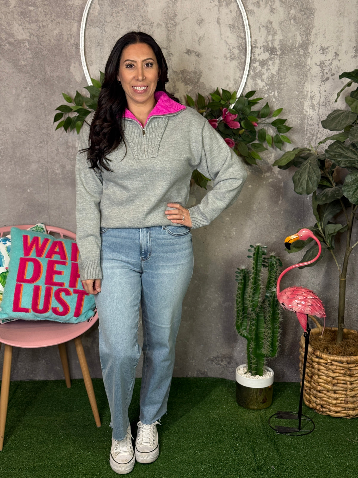 Grey Sweater with Pop of Pink Collar