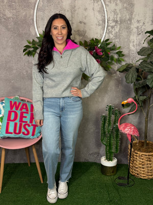 Grey Sweater with Pop of Pink Collar