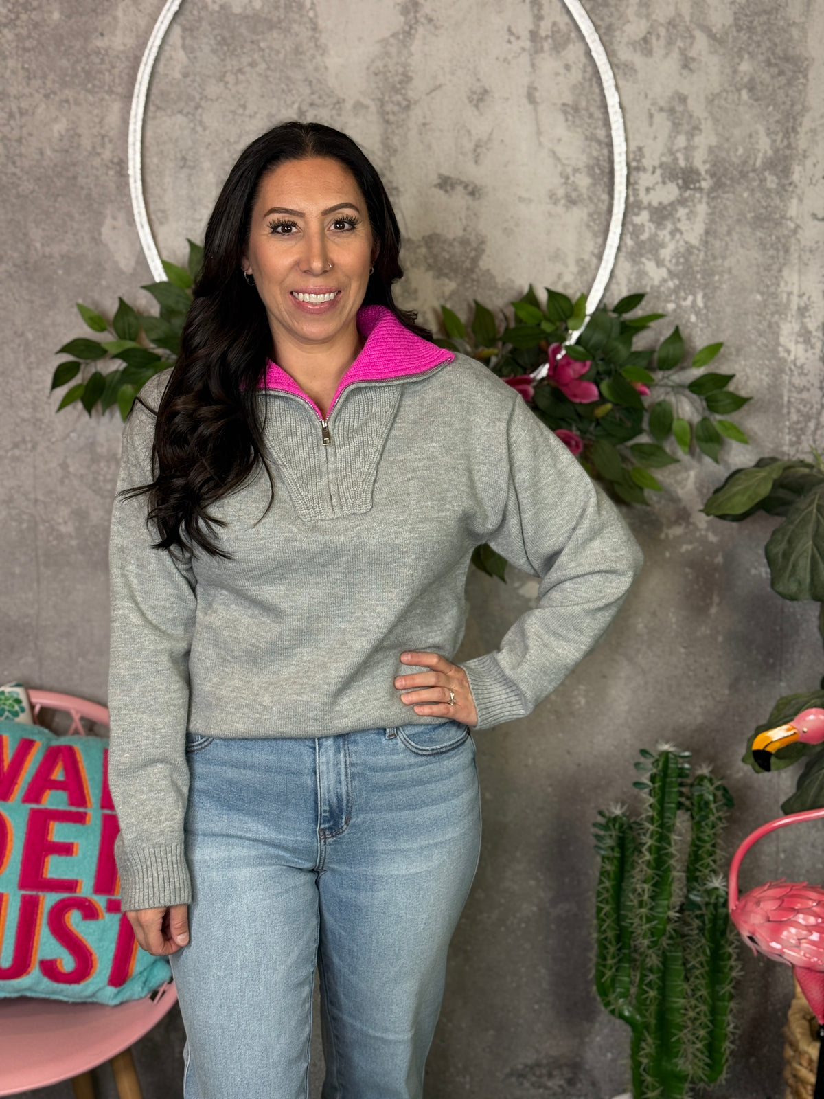 Grey Sweater with Pop of Pink Collar