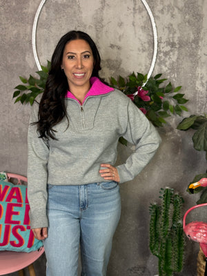 Grey Sweater with Pop of Pink Collar