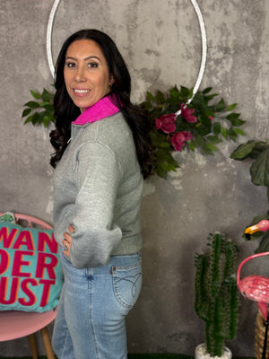 Grey Sweater with Pop of Pink Collar