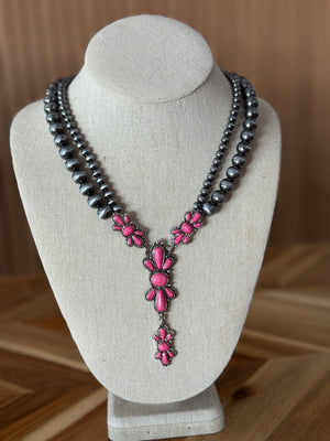 Silver Pink Turquoise Drop Necklace and Earring Set