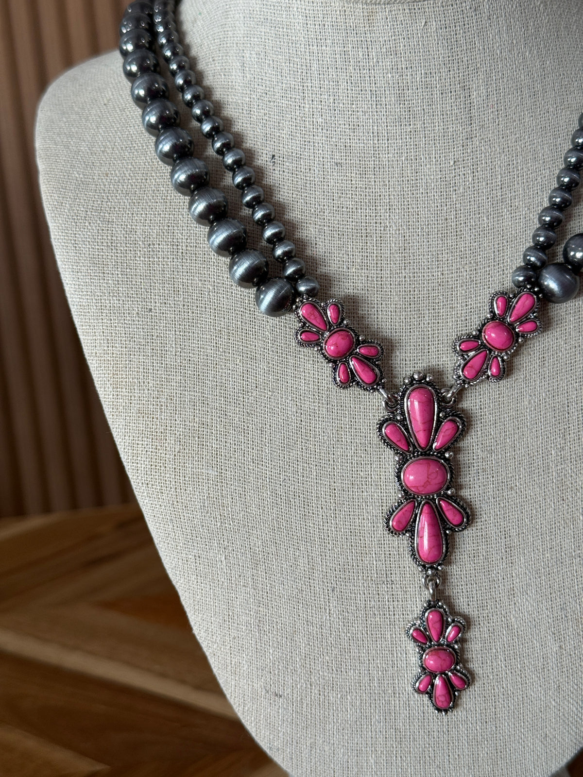 Silver Pink Turquoise Drop Necklace and Earring Set