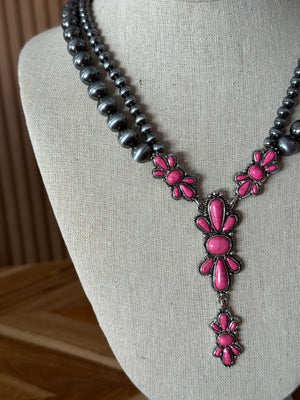 Silver Pink Turquoise Drop Necklace and Earring Set
