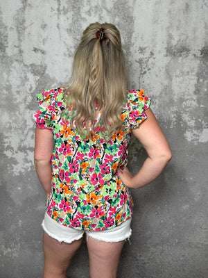 Pink/Green/Orange Ruffle Sleeve Floral Top (Small - 3X)