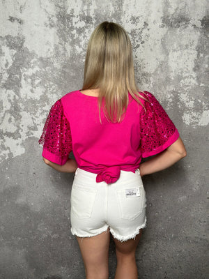 Sequin Pop Sleeve Top - Pink