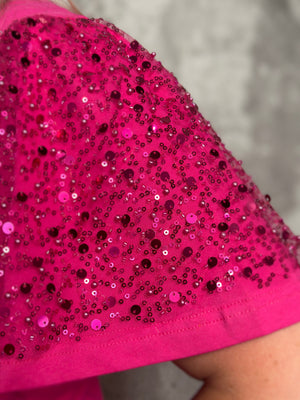 Sequin Pop Sleeve Top - Pink
