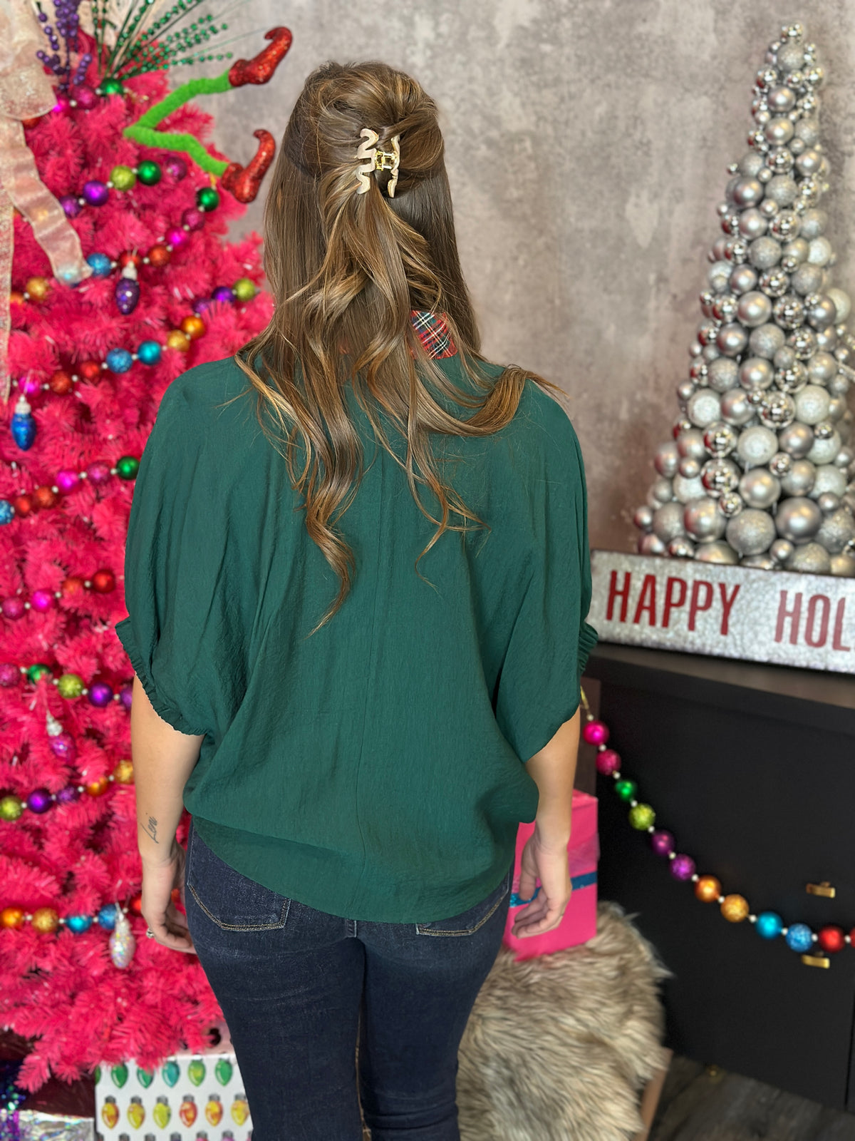 Short Sleeve Plaid Lux Top - Green  (Small - 2X)