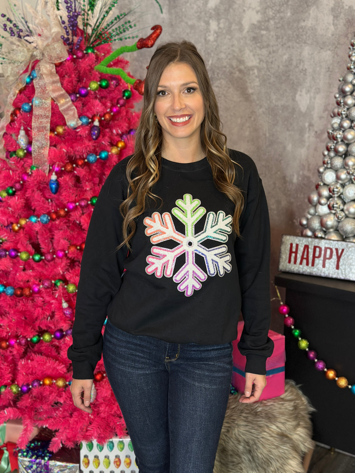 Mutli-Colored Chenille/Sequin Snowflake Crewneck