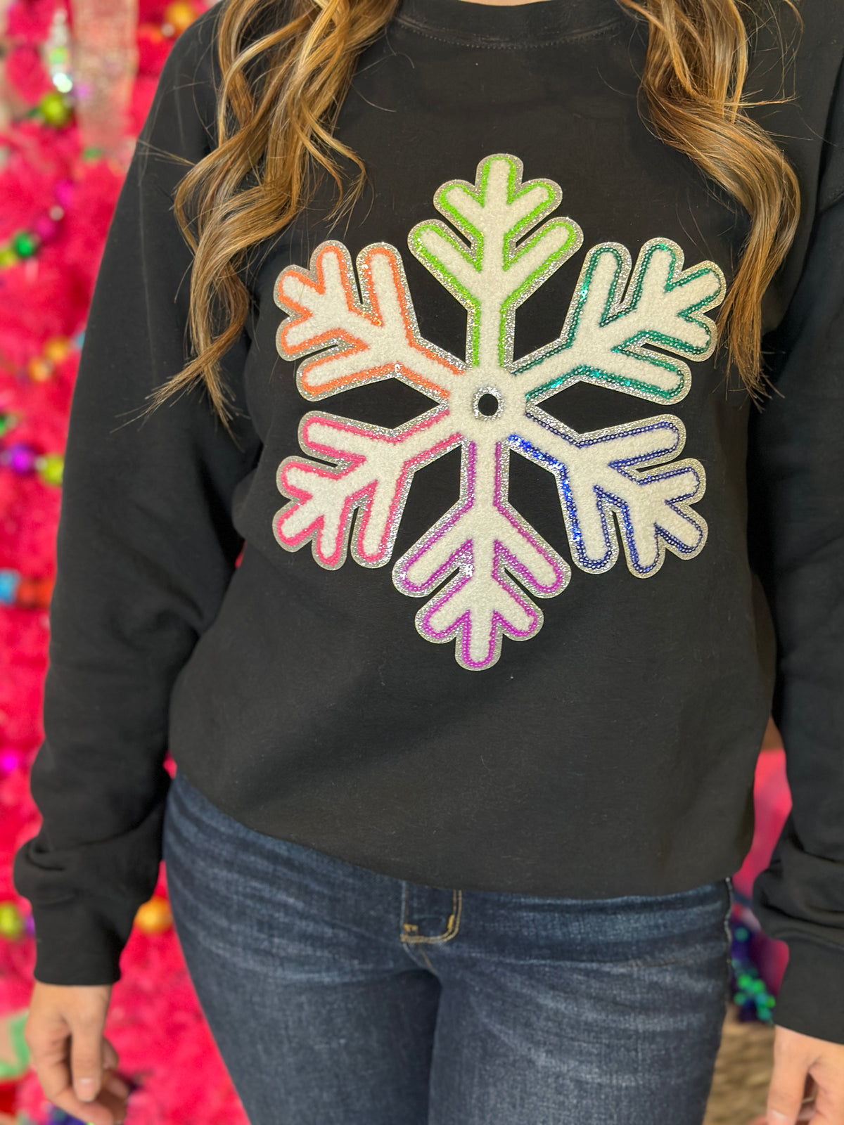 Mutli-Colored Chenille/Sequin Snowflake Crewneck