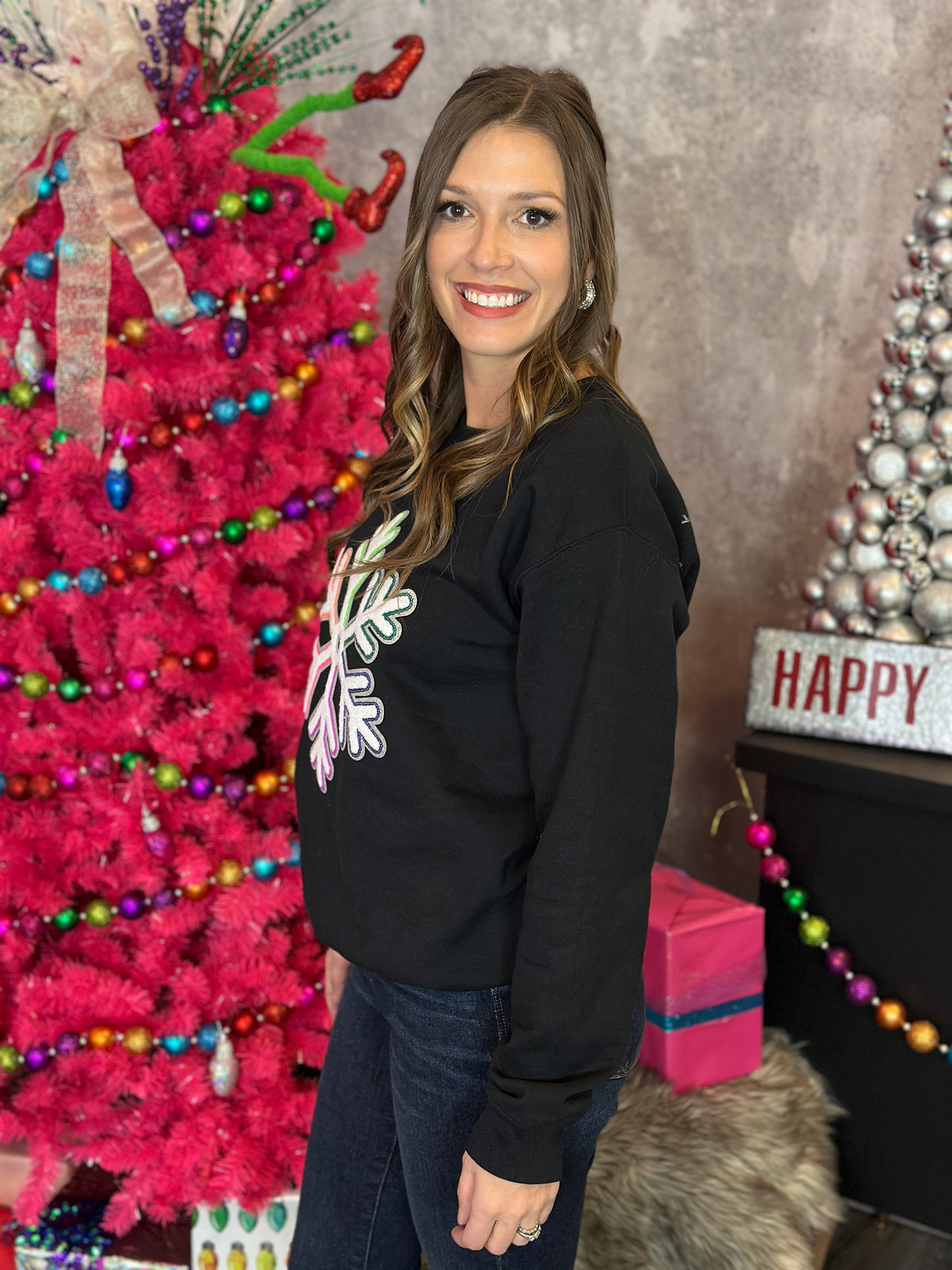 Mutli-Colored Chenille/Sequin Snowflake Crewneck