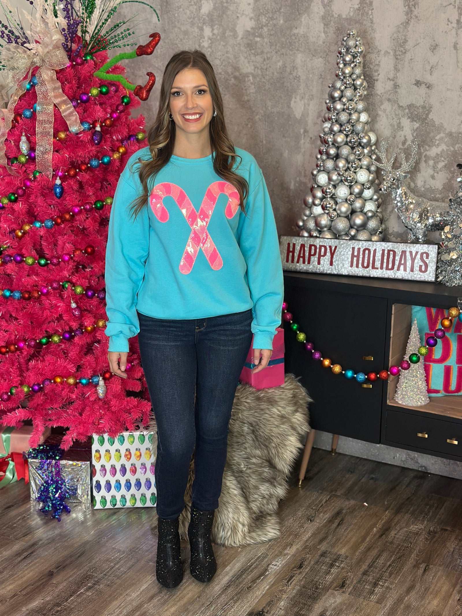 Pink Sequins Candy Cane Patch Crewneck Sweatshirt