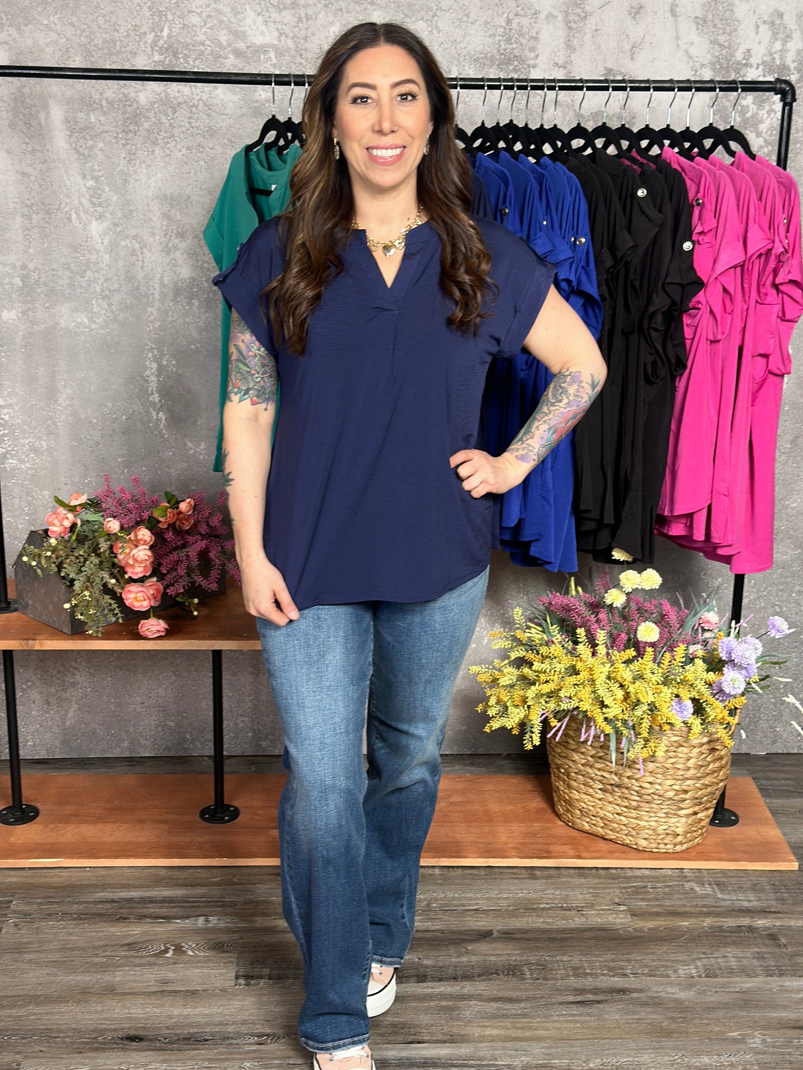 The Wrinkle Free Short Sleeve Lizzie Top - Navy (Small - 3X) - FINAL SALE