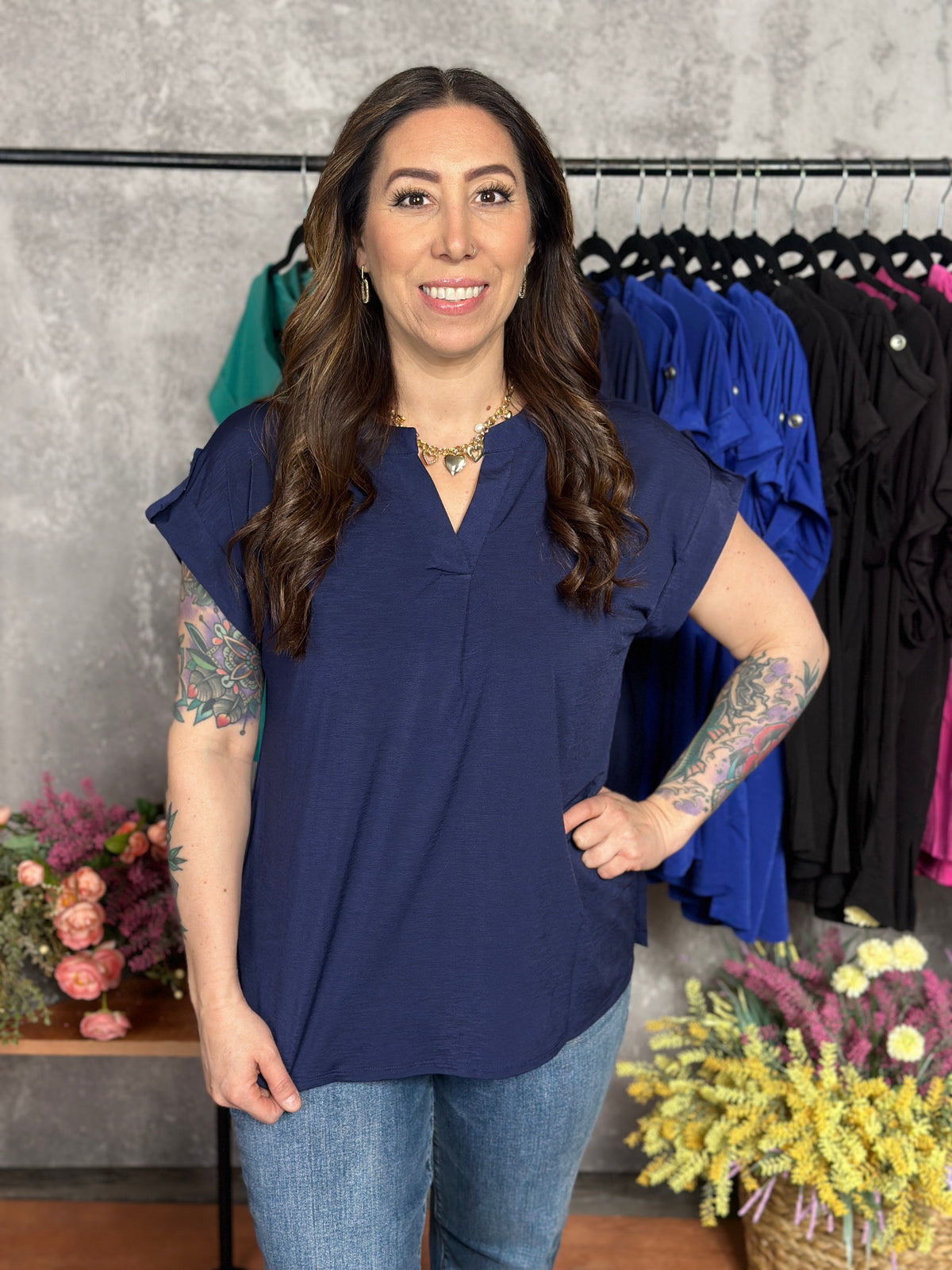 The Wrinkle Free Short Sleeve Lizzie Top - Navy (Small - 3X) - FINAL SALE