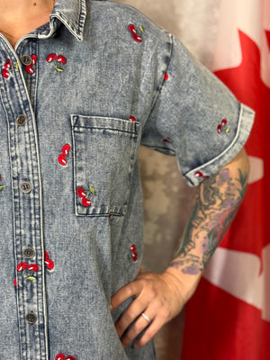Cherry Denim Dress  - (Small - 3X)