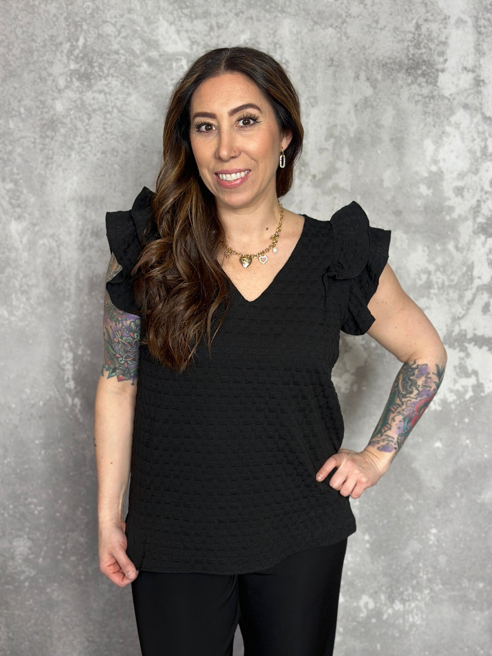 The Textured Olivia Top - Black (Small - 2X)