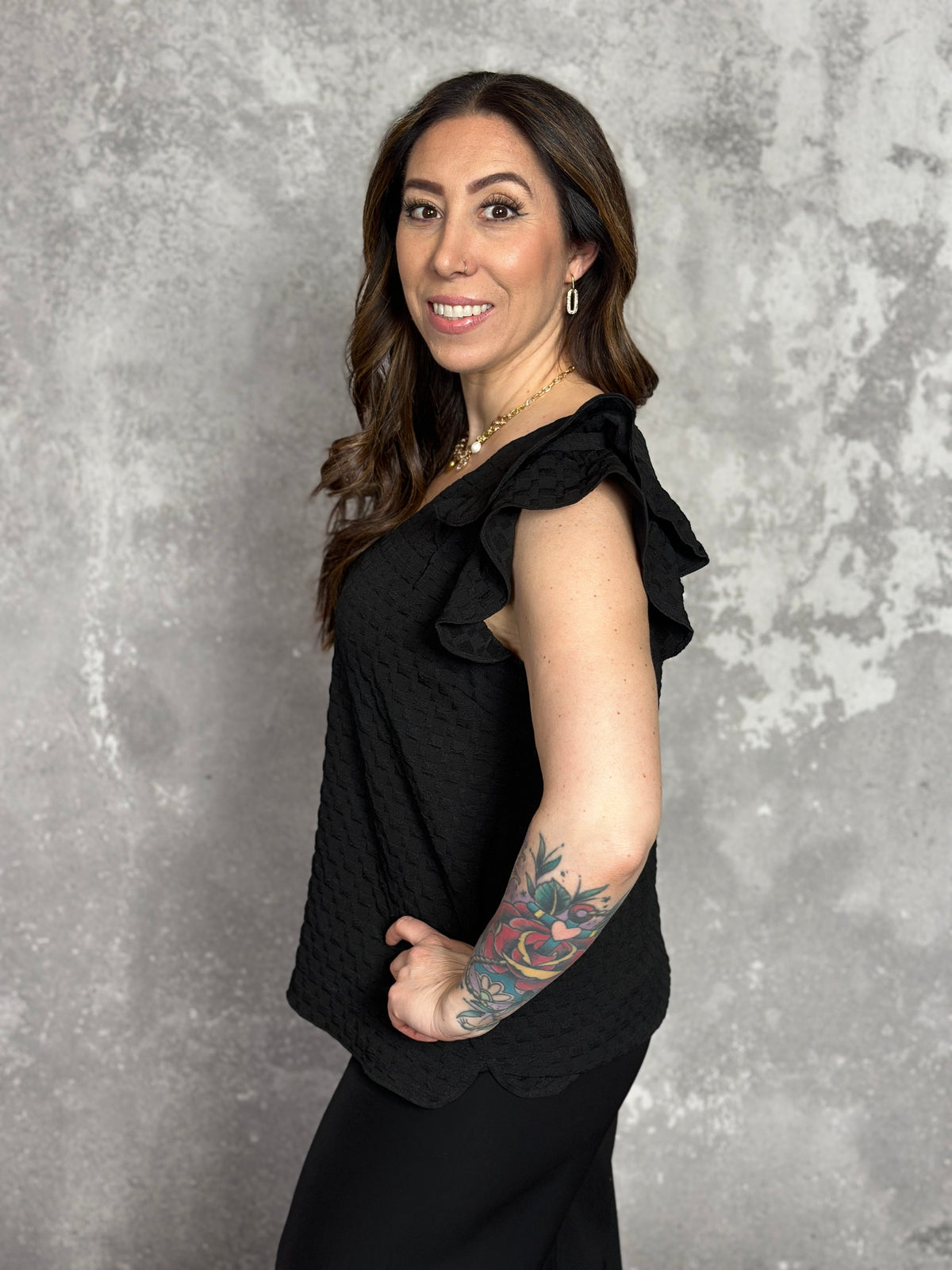 The Textured Olivia Top - Black (Small - 2X)