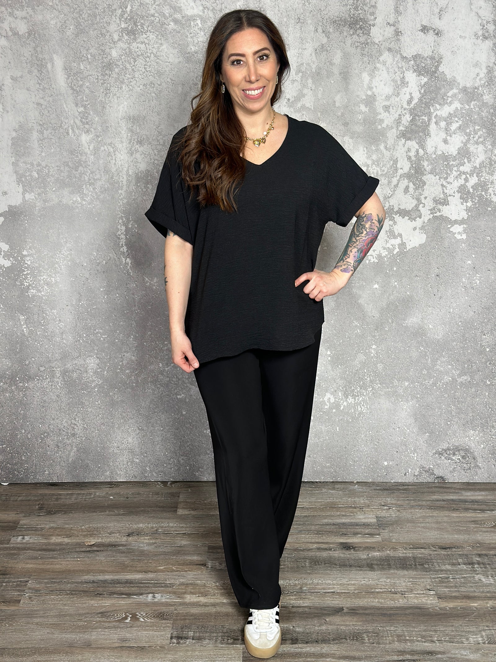 Basic Airflow Vneck with Rolled Sleeves - Black (Small - 3X)