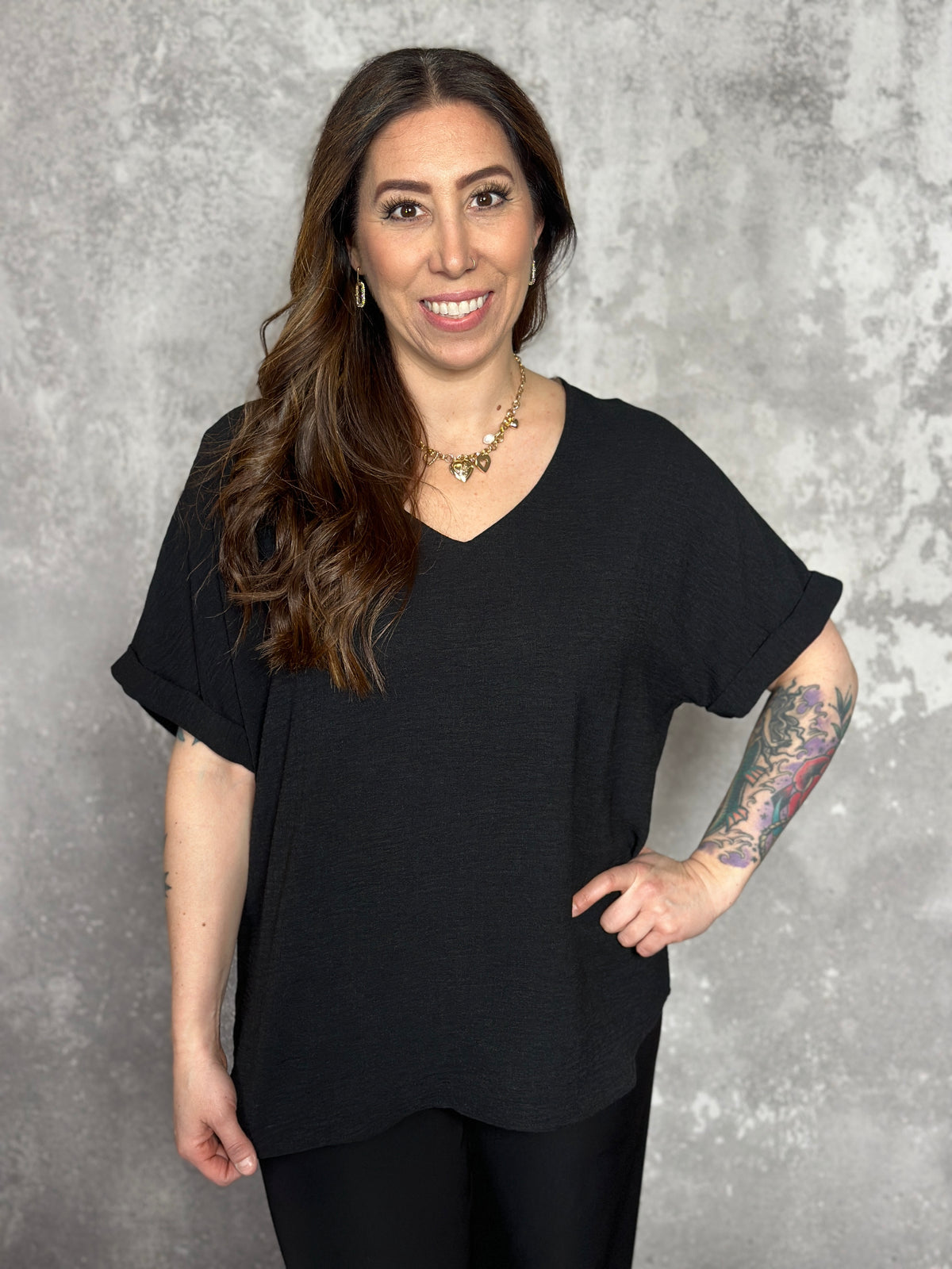 Basic Airflow Vneck with Rolled Sleeves - Black (Small - 3X)