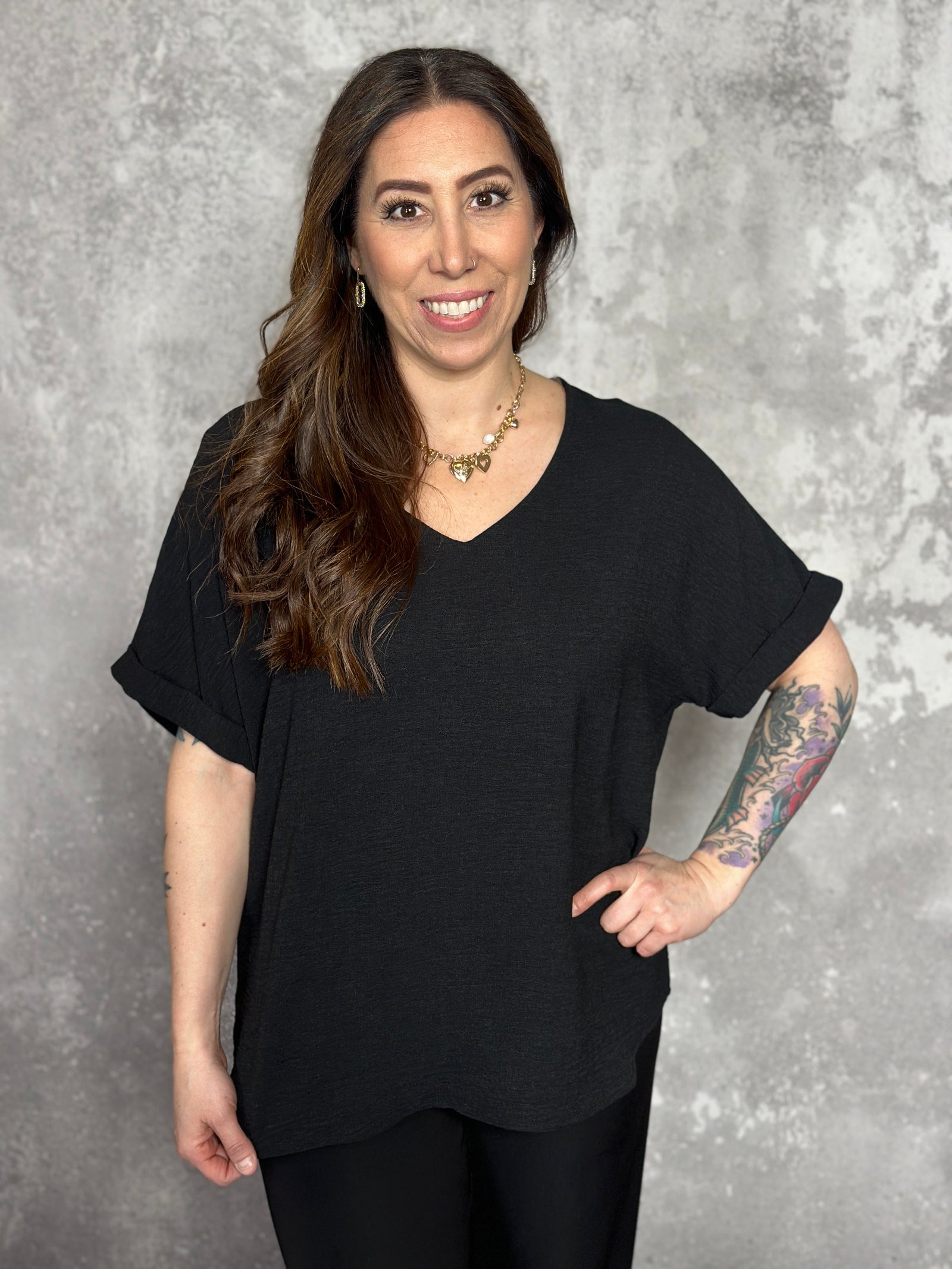 Basic Airflow Vneck with Rolled Sleeves - Black (Small - 3X)