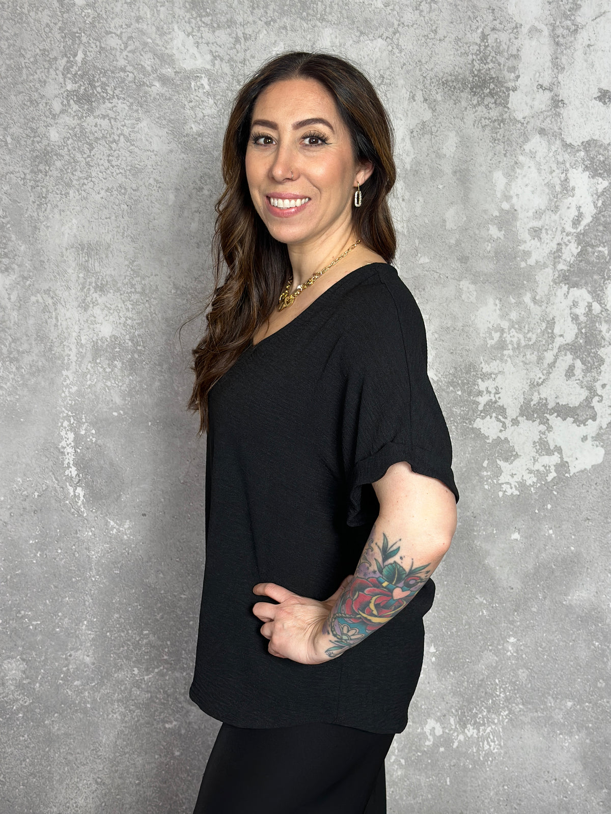 Basic Airflow Vneck with Rolled Sleeves - Black (Small - 3X)