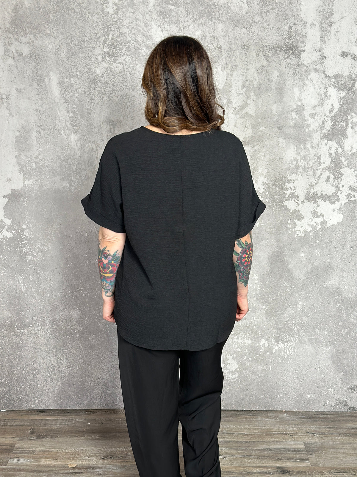 Basic Airflow Vneck with Rolled Sleeves - Black (Small - 3X)