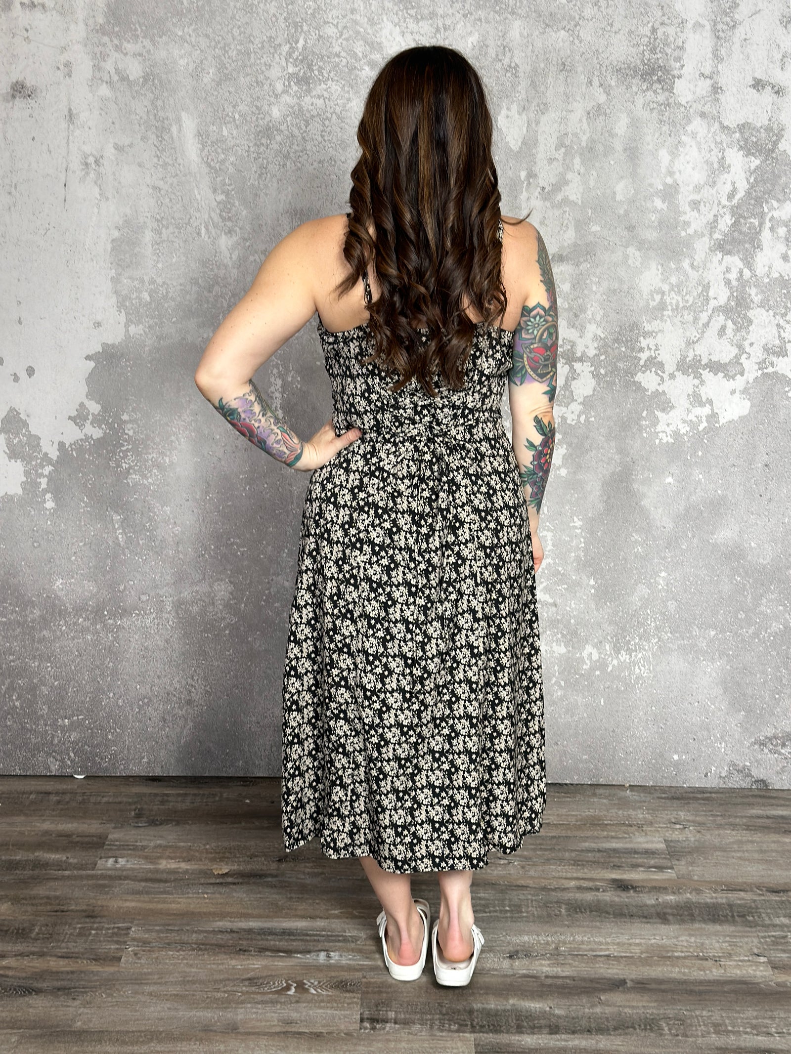 Button Front Detail Back Tie Midi Dress (Small - 3X)